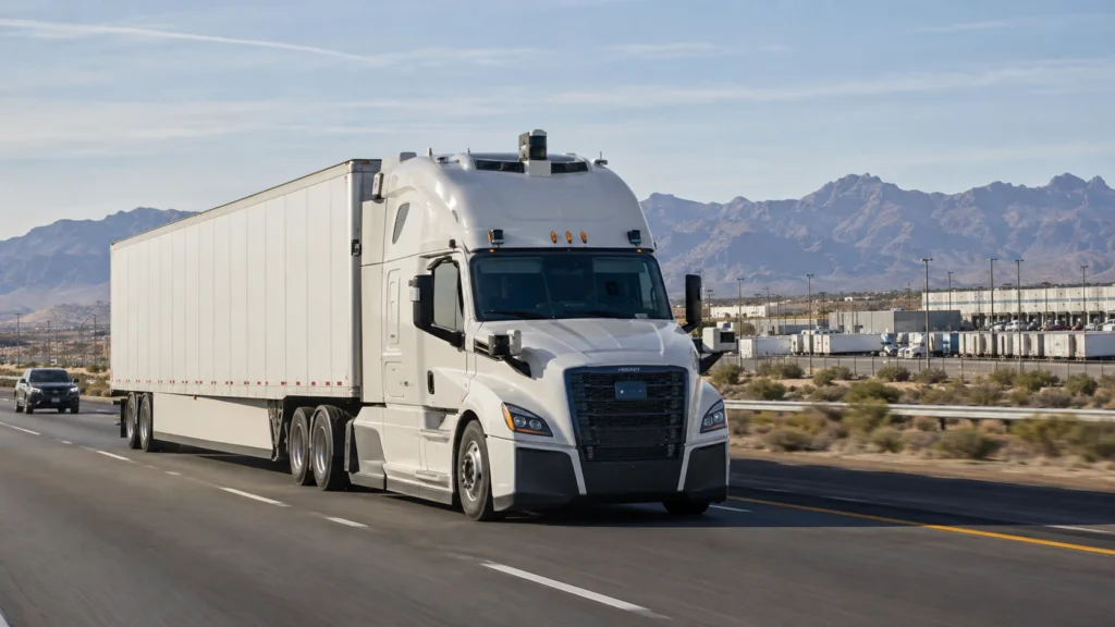 Autonomous Class 8 semi truck hauling freight on a Southwest highway during commercial driverless trucking operations.