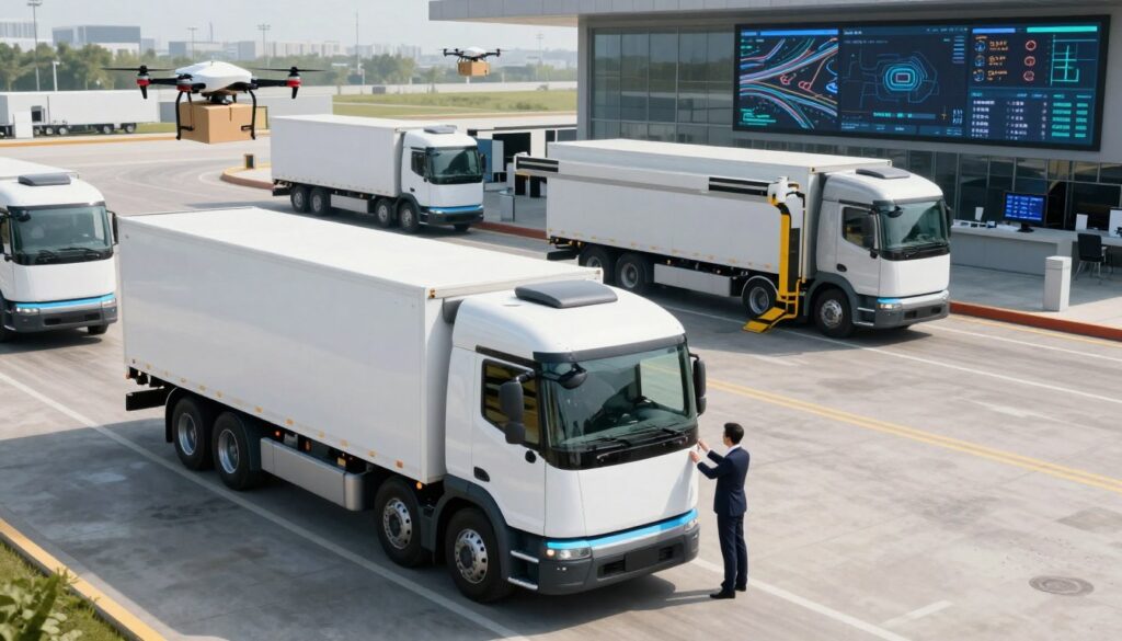 Aurora and Waymo autonomous trucking fleet vehicles at operational facility