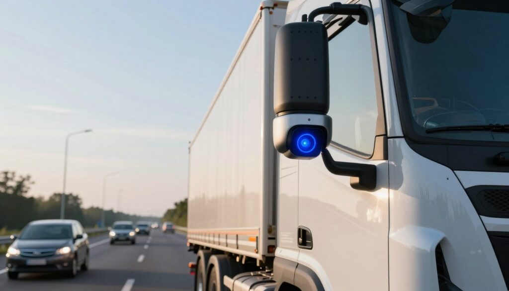Blind spot monitoring system diagram showing camera coverage zones around commercial semi truck