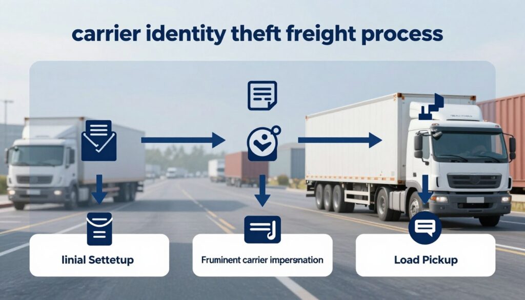 Diagram showing the carrier identity theft process used in freight fraud operations