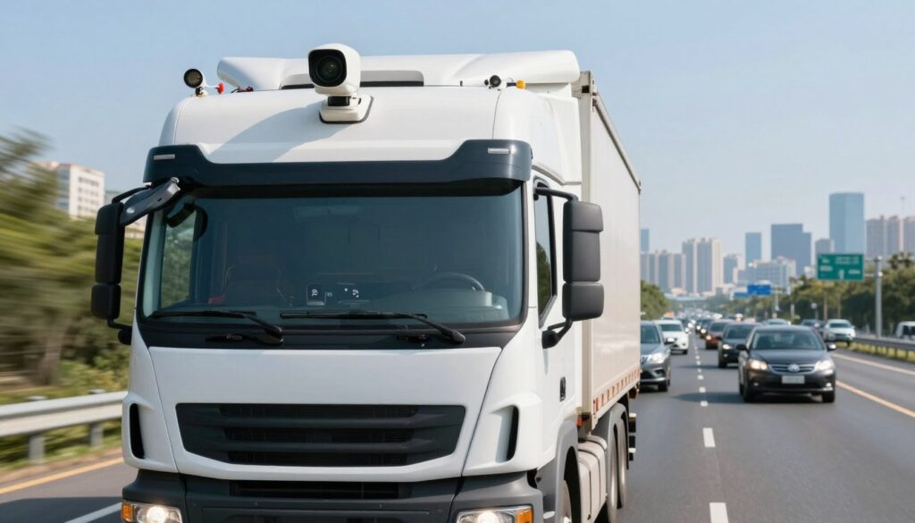 AI-powered camera system for commercial trucks showing road-facing and driver-facing angles