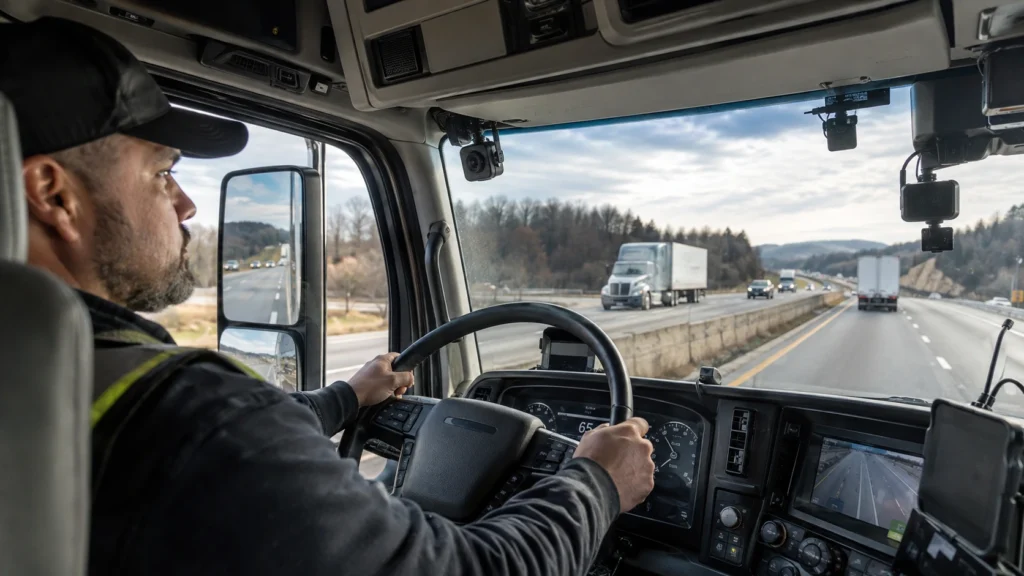 Commercial truck driver operating a Class 8 semi with AI safety cameras and computer vision monitoring systems visible inside the cab on a highway.