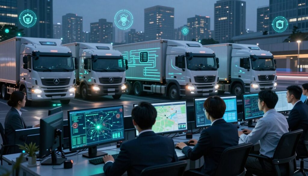 Semi truck dashboard showing connected telematics and ELD systems vulnerable to cyber threats