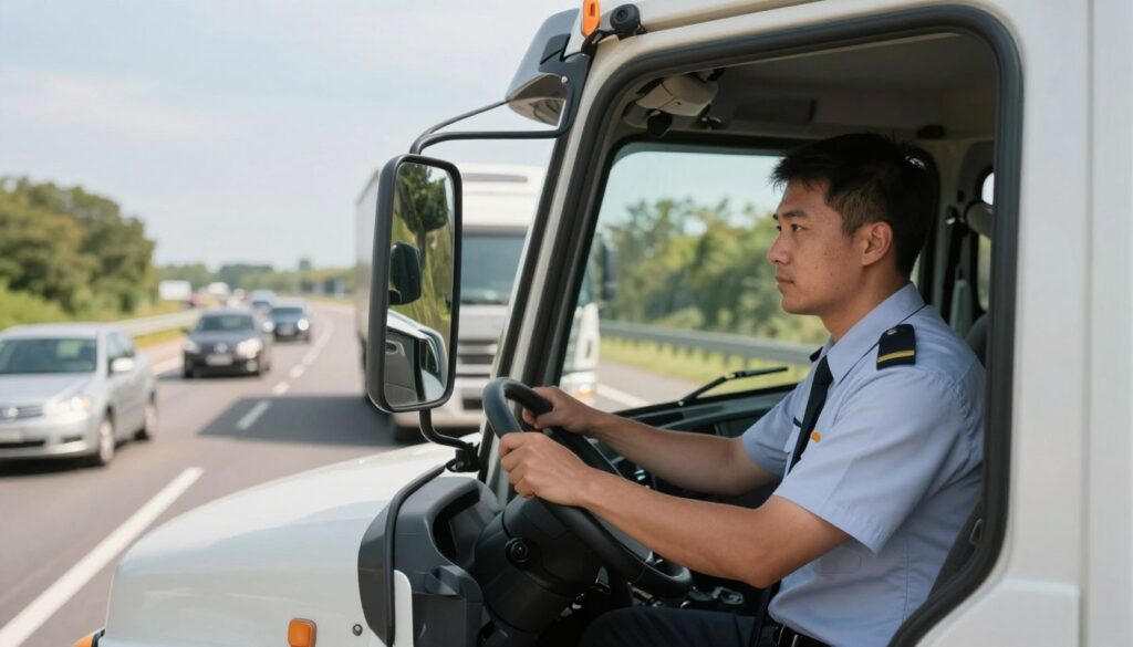 Commercial truck driver demonstrating proper mirror scanning technique on highway