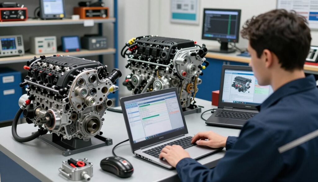 Diesel technician examining complex engine system with multiple ECU connections and aftertreatment components
