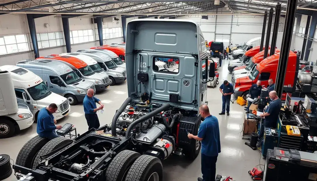 Diesel technicians working on a semi truck in a heavy-duty repair shop