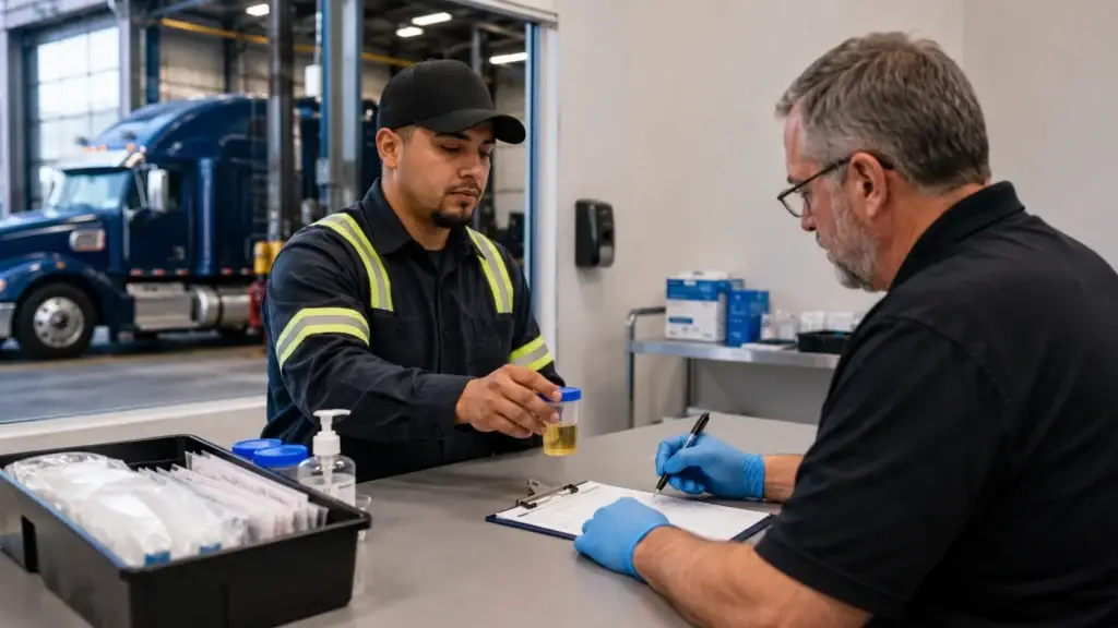 CDL commercial truck driver completing a DOT drug testing procedure as part of a fleet employer compliance program.