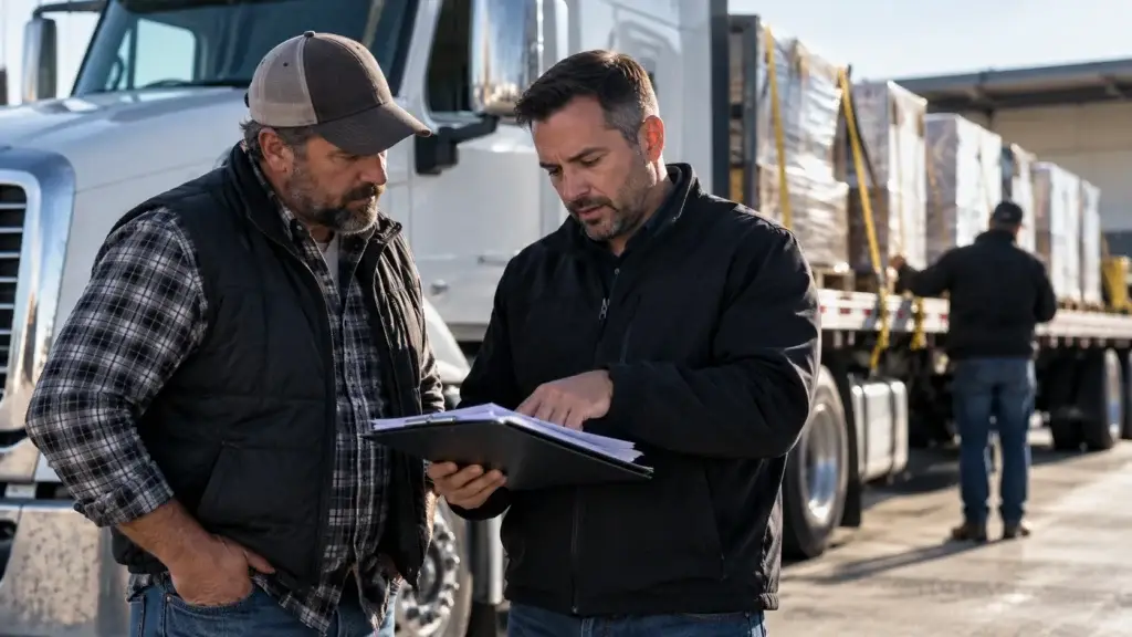 Truck driver and freight representative reviewing load paperwork beside a semi-truck while verifying shipment details to help prevent double brokering fraud.