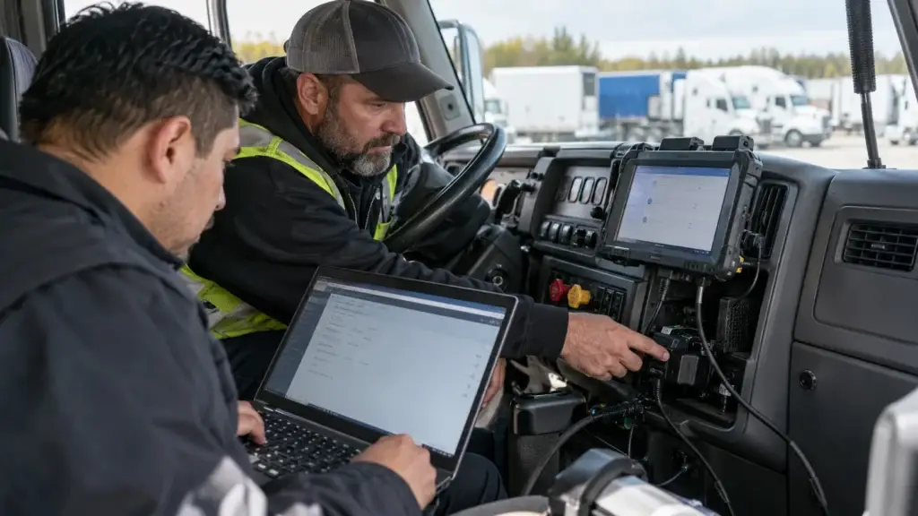 Fleet technician and driver reviewing an Electronic Logging Device and diagnostic equipment inside a semi-truck cab while checking ELD cybersecurity and vehicle network connections.