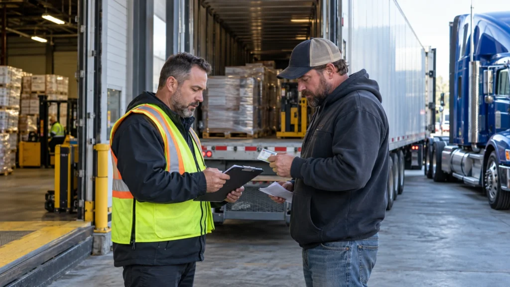 Shipping dock worker verifying a truck driver’s identification and freight paperwork before releasing a load as part of fictitious pickup fraud prevention.
