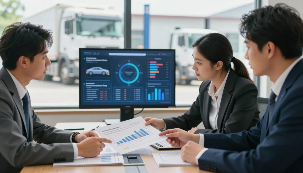 Fleet manager and shop owner reviewing performance metrics during quarterly business review meeting