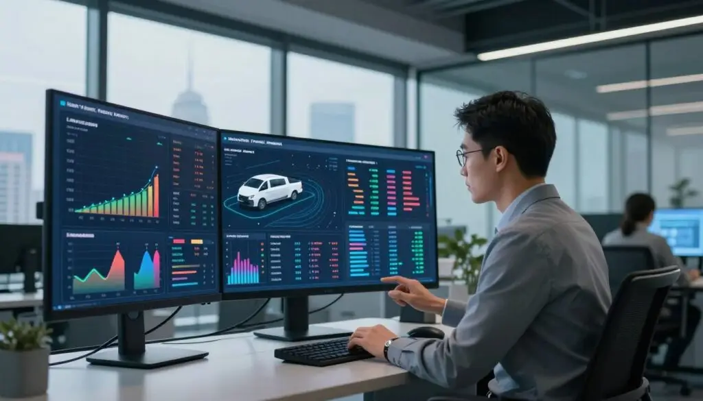 Fleet analytics dashboard displaying real-time AI capabilities including predictive maintenance alerts and driver safety scores