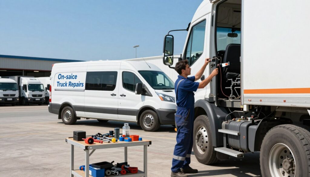 Mobile heavy-duty repair truck providing on-site service to commercial fleet vehicle at customer location