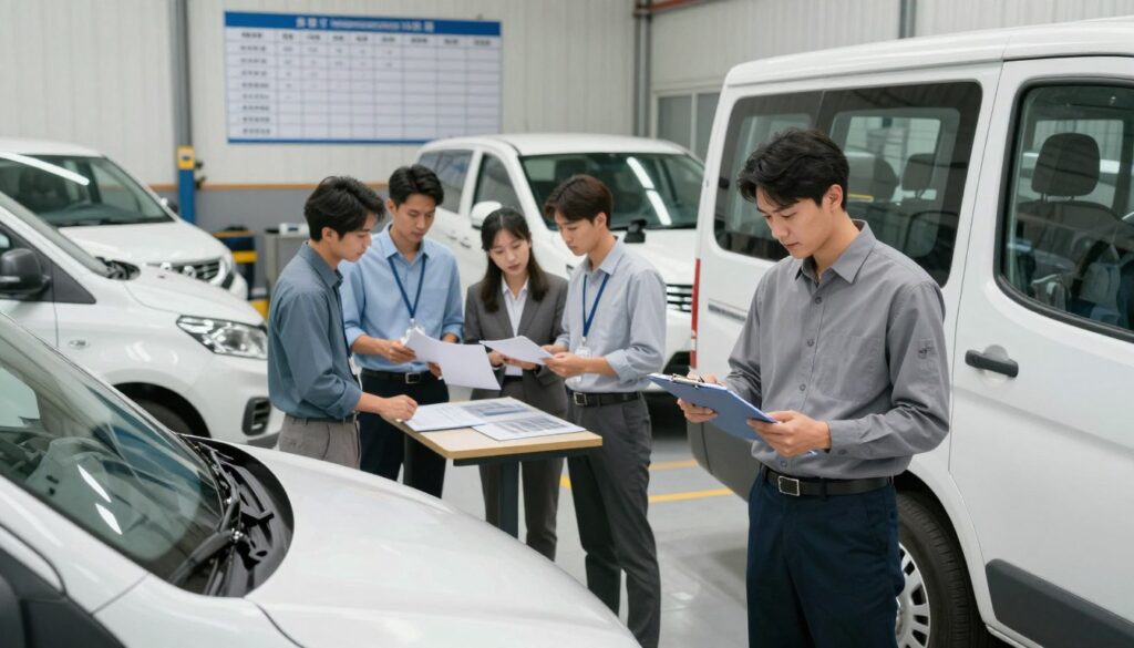 Fleet manager conducting maintenance audit with clipboard reviewing vehicle service records