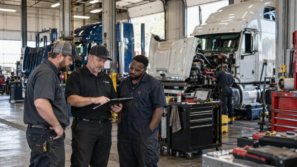 Fleet maintenance supervisor reviewing standardized maintenance procedures with diesel technicians in a heavy-duty truck repair shop while Class 8 trucks are serviced in the background.