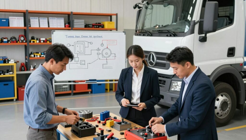 Maintenance supervisor conducting hands-on SOP training with technicians in fleet service bay