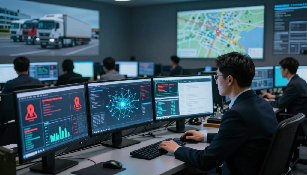 Fleet management cybersecurity warning signs displayed on dispatch computer screens showing encrypted file notifications and ransom demands