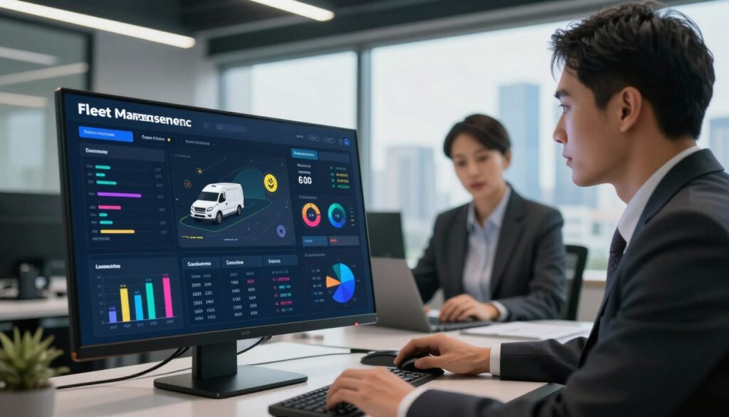 Fleet safety management software dashboard showing collision reduction metrics and driver performance scores