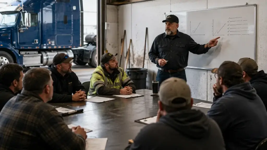 Fleet safety manager leading a driver safety meeting inside a commercial truck maintenance facility.