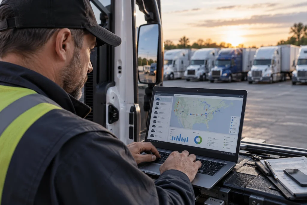 Fleet manager reviewing AI telematics data on a laptop beside Class 8 trucks at a commercial trucking yard.