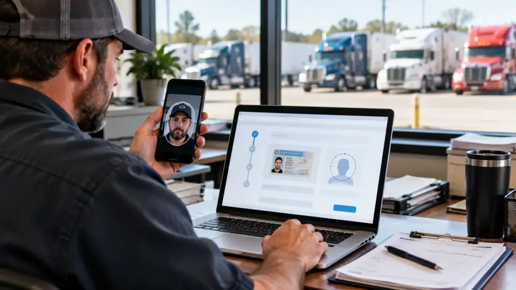 Trucking professional completing FMCSA identity verification with a smartphone and laptop.