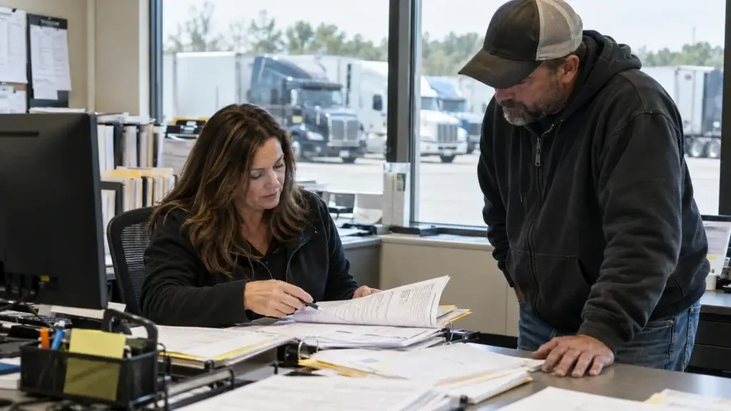 Fleet compliance staff reviewing a commercial driver's motor vehicle record and qualification file in a trucking office with semi trucks visible outside.
