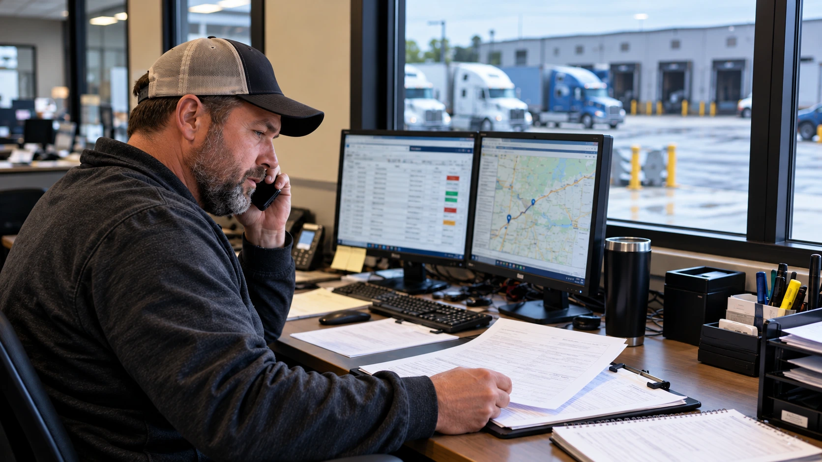 Trucking dispatcher reviewing carrier documents and freight information at a dispatch office while verifying a load, with commercial semi-trucks visible outside the terminal.