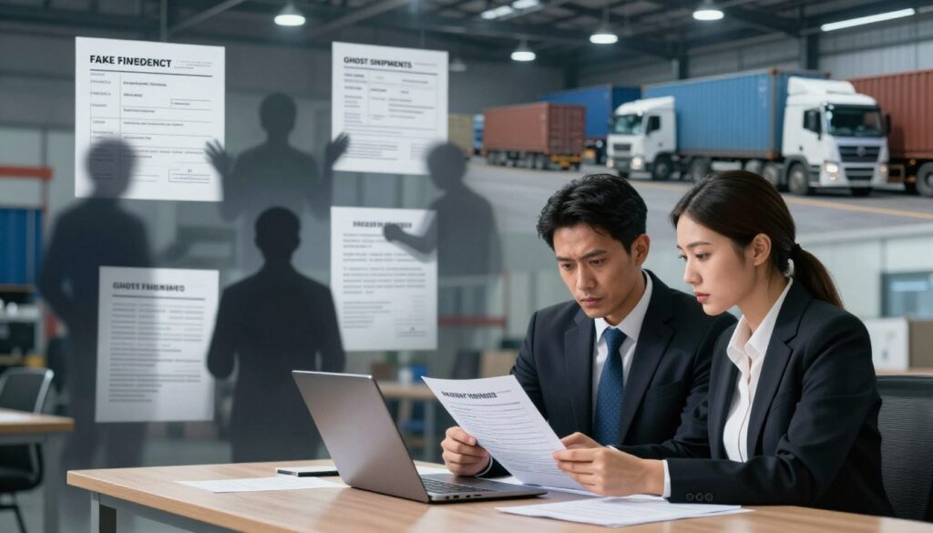 Diagram showing common freight fraud schemes and criminal tactics used in trucking industry