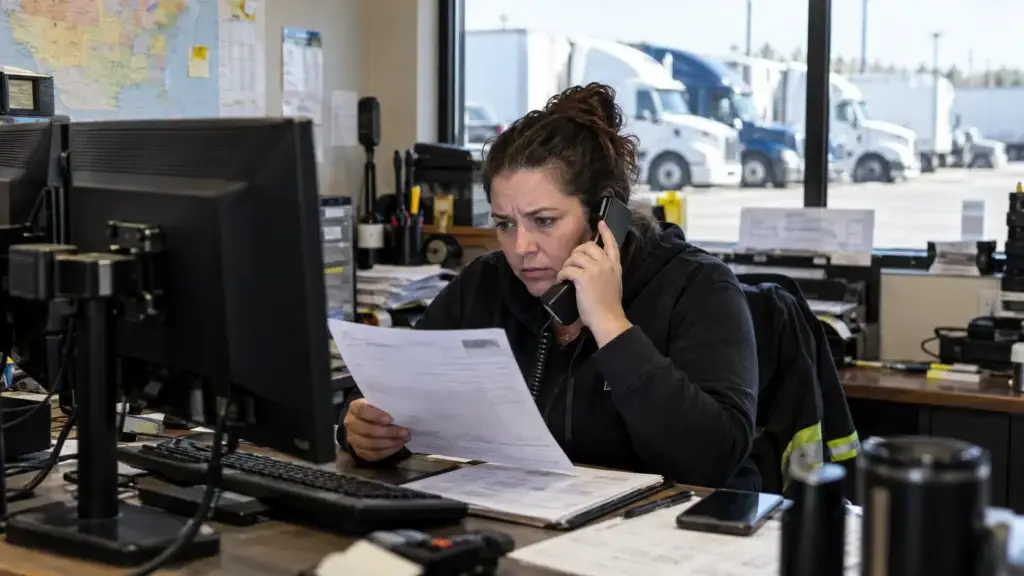 Trucking dispatcher reviewing freight paperwork and verifying a suspicious request by phone in a carrier office as part of freight phishing and payment fraud prevention.