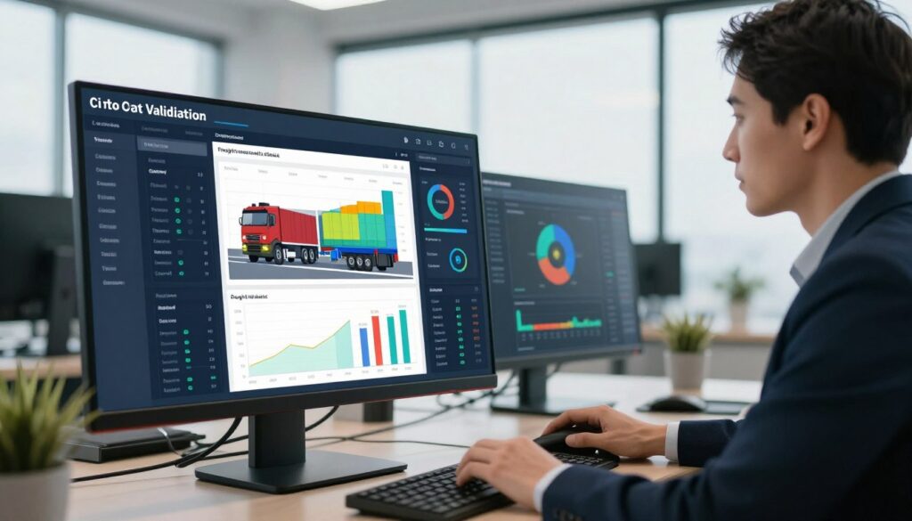 Transportation management system dashboard showing carrier validation and GPS tracking features