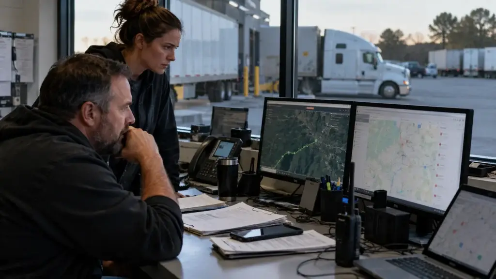 Fleet dispatch team monitoring commercial truck locations and route data on tracking screens while watching for possible GPS spoofing, jamming, or cargo diversion.