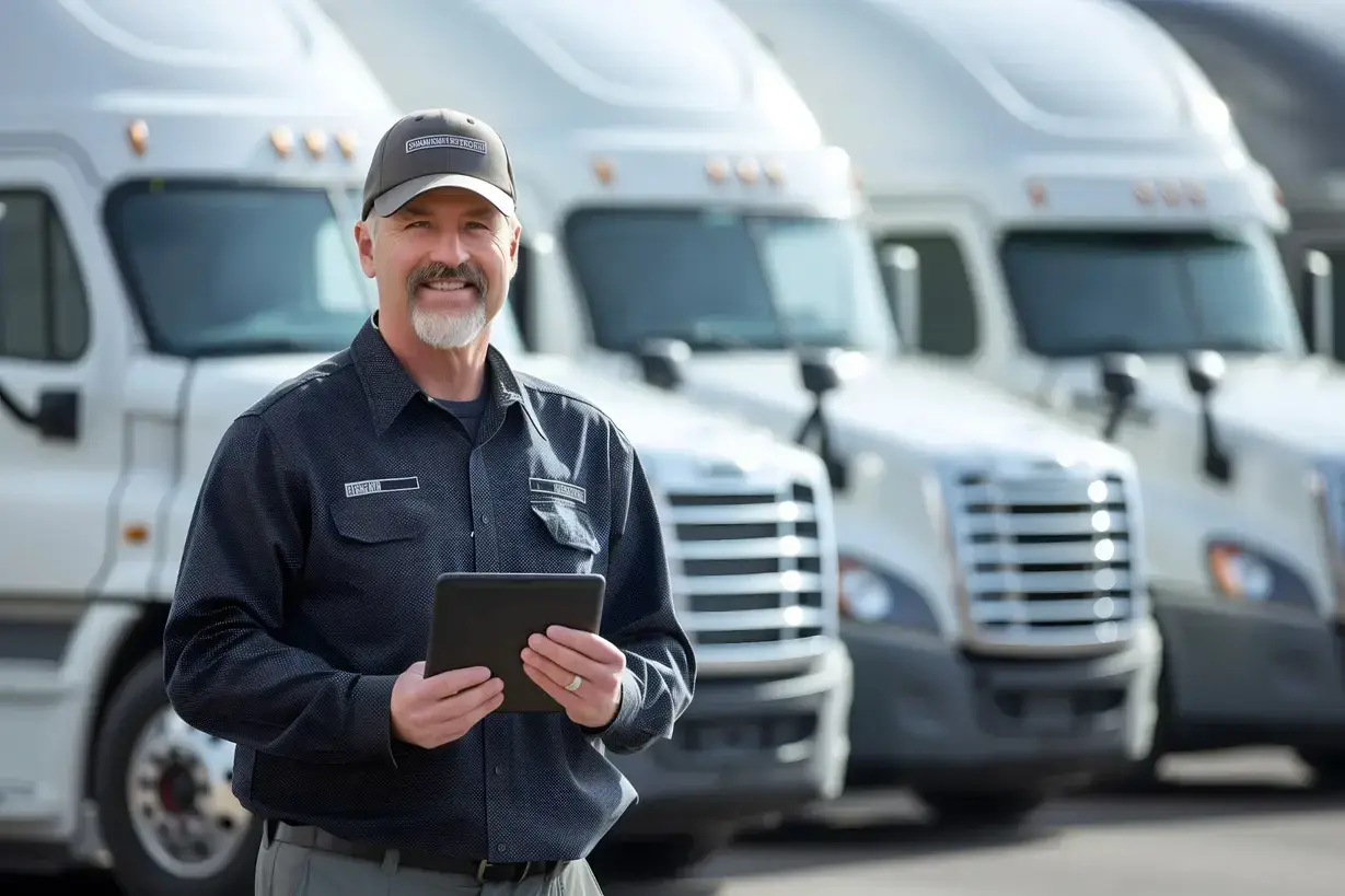 Fleet manager using tablet technology to monitor heavy duty diesel fleet operations and maintenance status