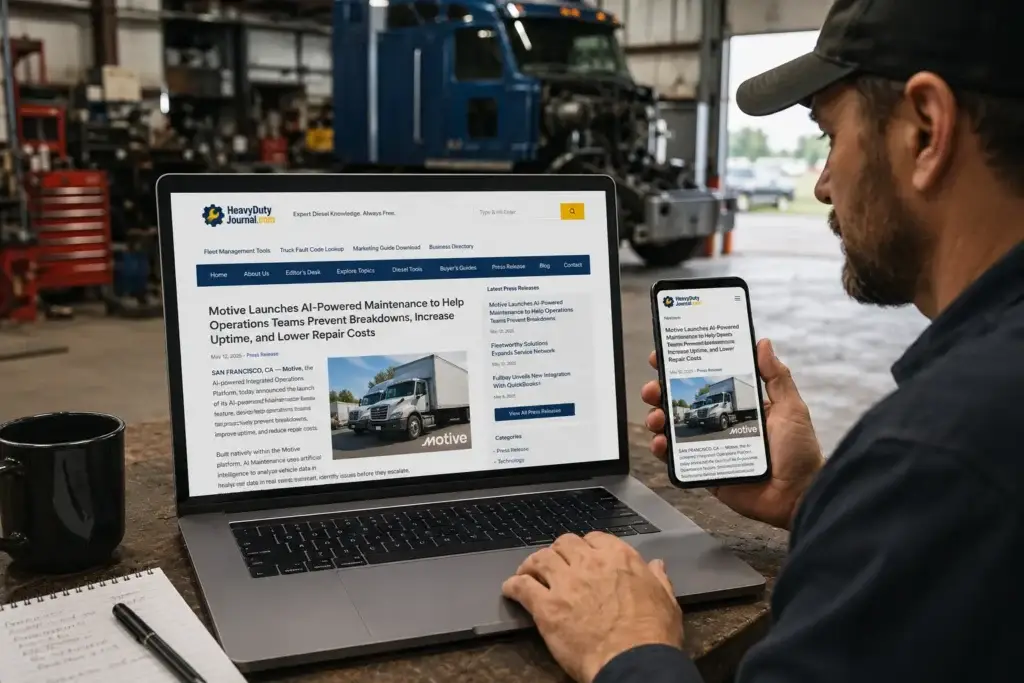 Truck repair shop owner reviewing a press release published on Heavy Duty Journal from his laptop in a heavy-duty service shop.