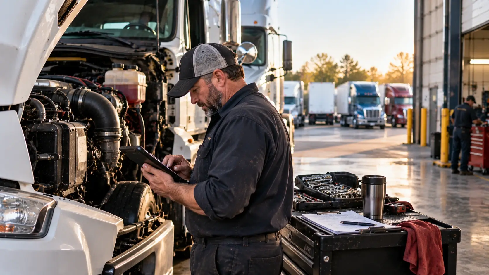 Diesel technician using a tablet while performing preventive maintenance on a heavy-duty commercial truck