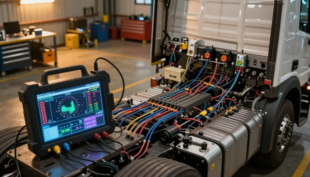 Diagram showing J1939 network connecting engine ECU, transmission, ABS, and instrument cluster in a heavy-duty truck
