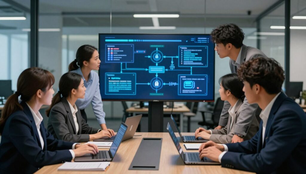 Incident response team members coordinating ransomware recovery efforts in trucking company command center with role assignments displayed on whiteboard