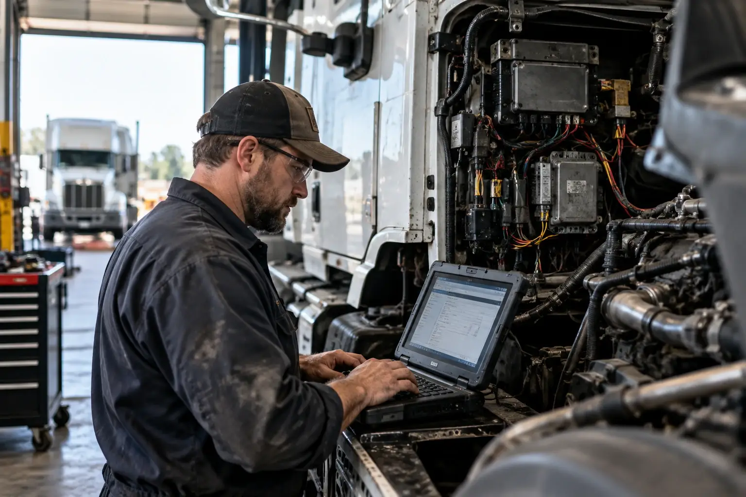 Heavy-duty fleet technician using diagnostic software to troubleshoot a J1939 network on a commercial truck.