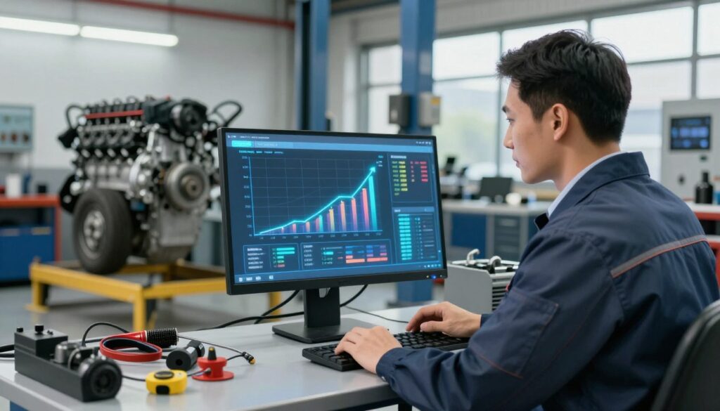 Shop manager reviewing cost analysis showing labor savings from AI diagnostic implementation
