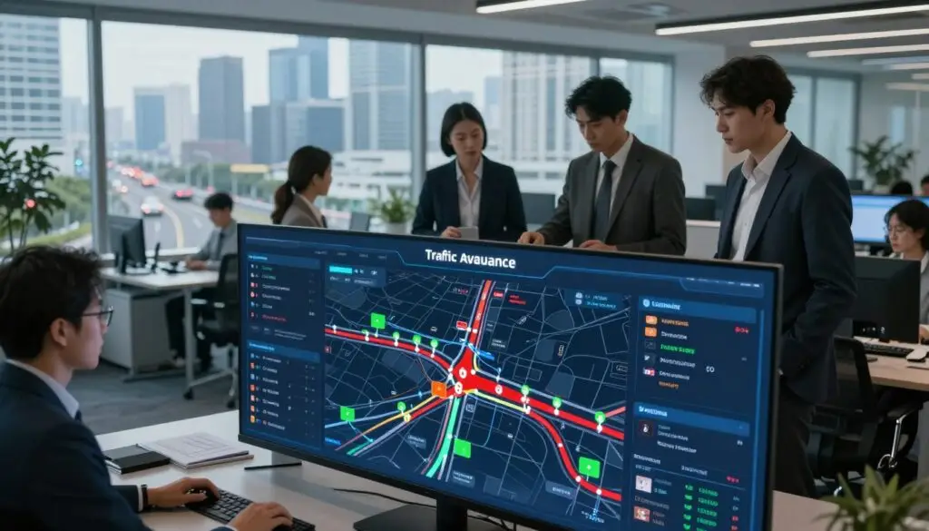 Traffic monitoring interface displaying congestion zones and alternative route suggestions