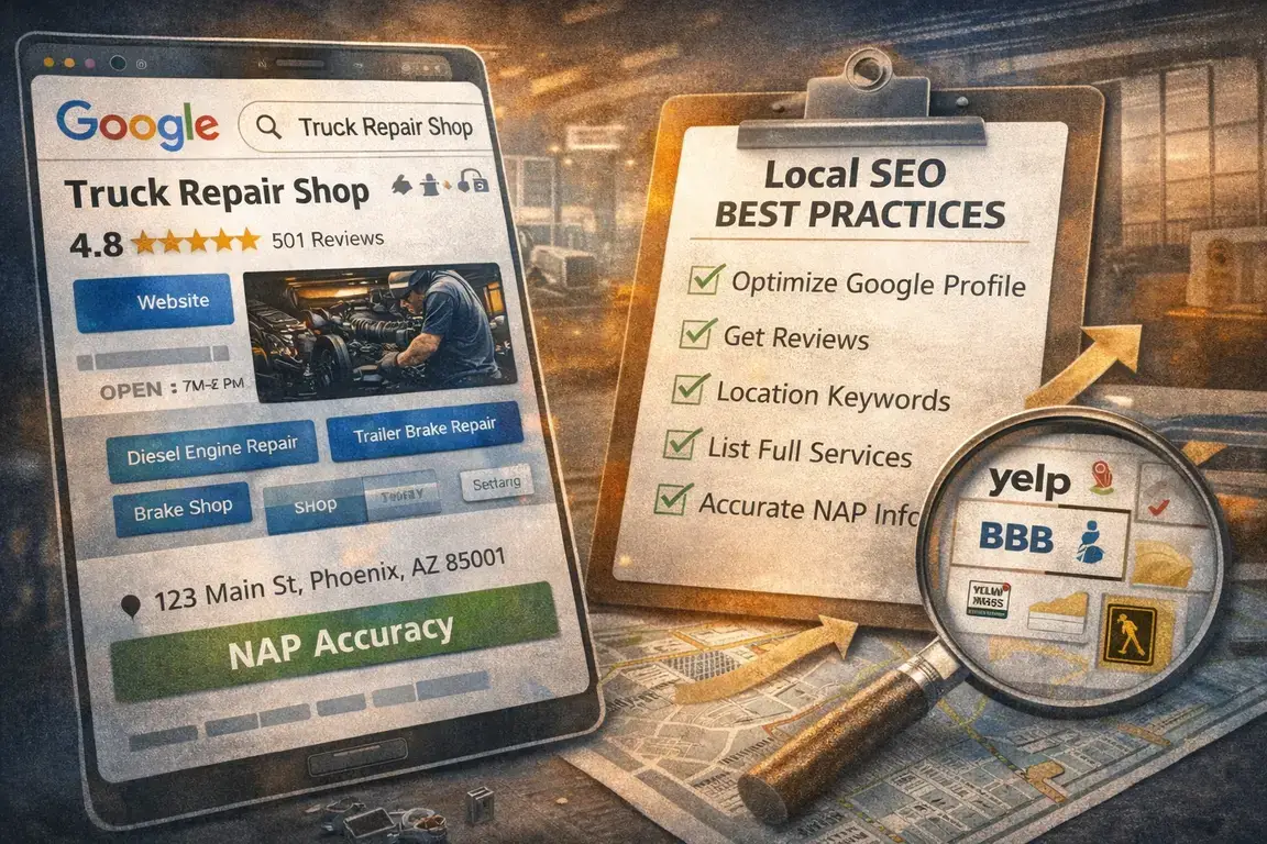 Local SEO optimization strategies for truck repair shop websites including Google Business Profile setup and NAP citation building
