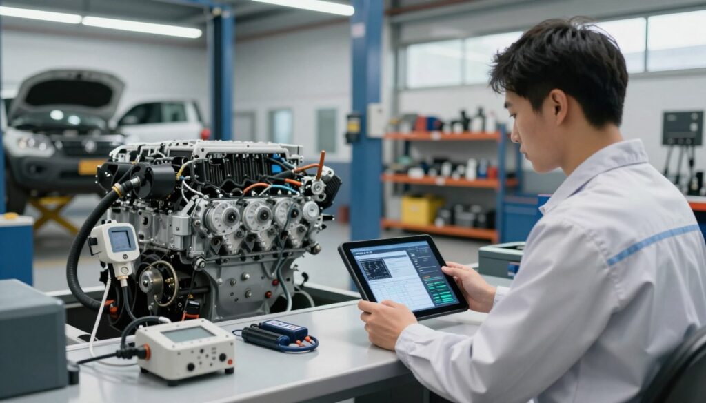 Technician using AI-powered diagnostic tablet showing machine learning analysis of engine data