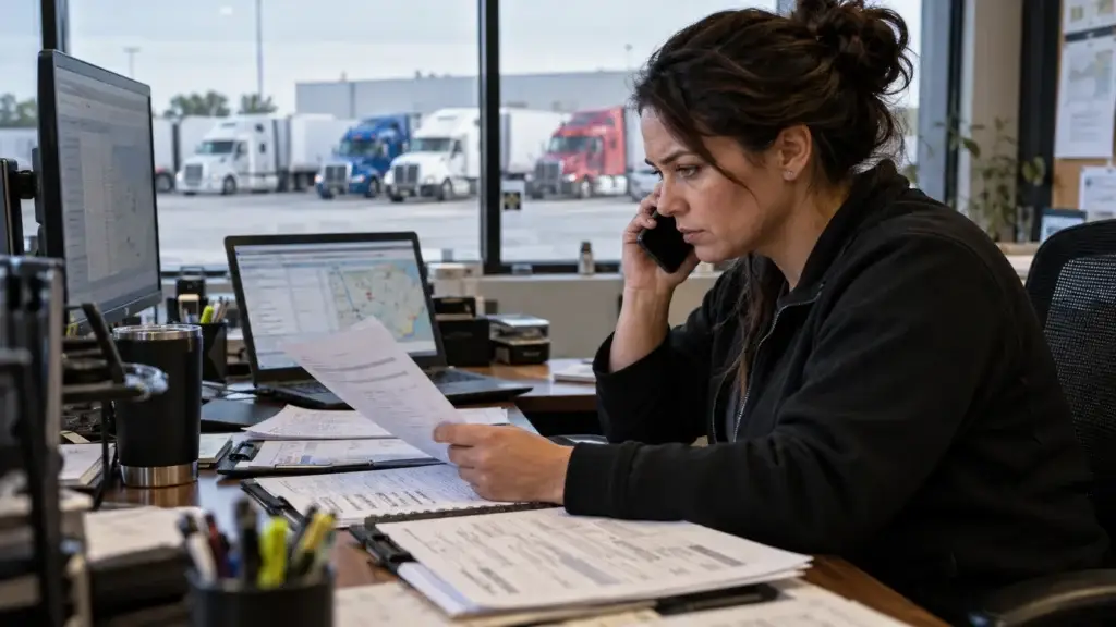 Fleet dispatcher reviewing carrier paperwork and digital load information in a trucking office while handling a potential MC number theft and carrier identity fraud issue.