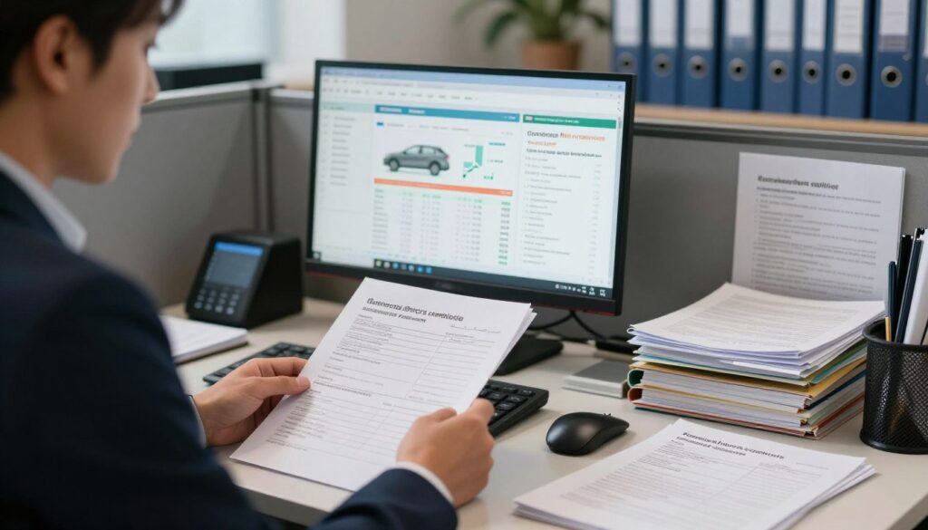 Fleet safety manager reviewing motor vehicle records for commercial driver compliance screening