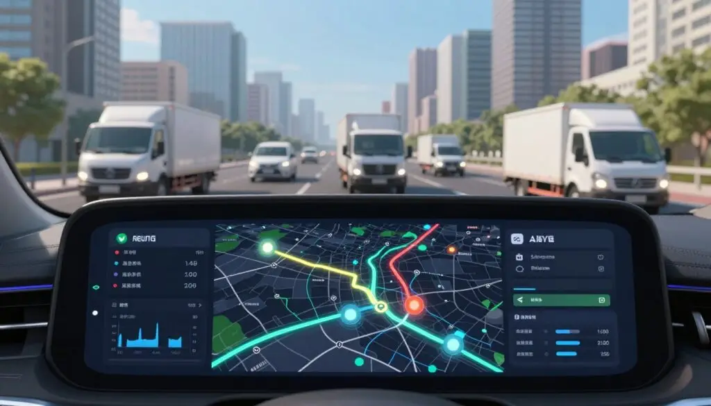 Route optimization interface showing multiple variables including load weight and fuel consumption
