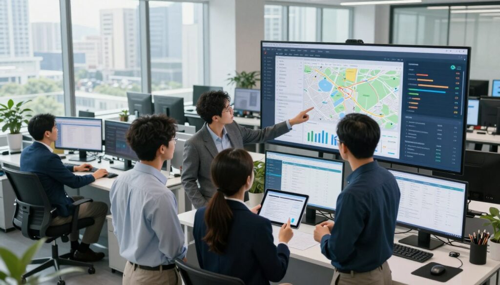 Operational efficiency fleet management dashboard showing fuel consumption, route optimization, and downtime metrics