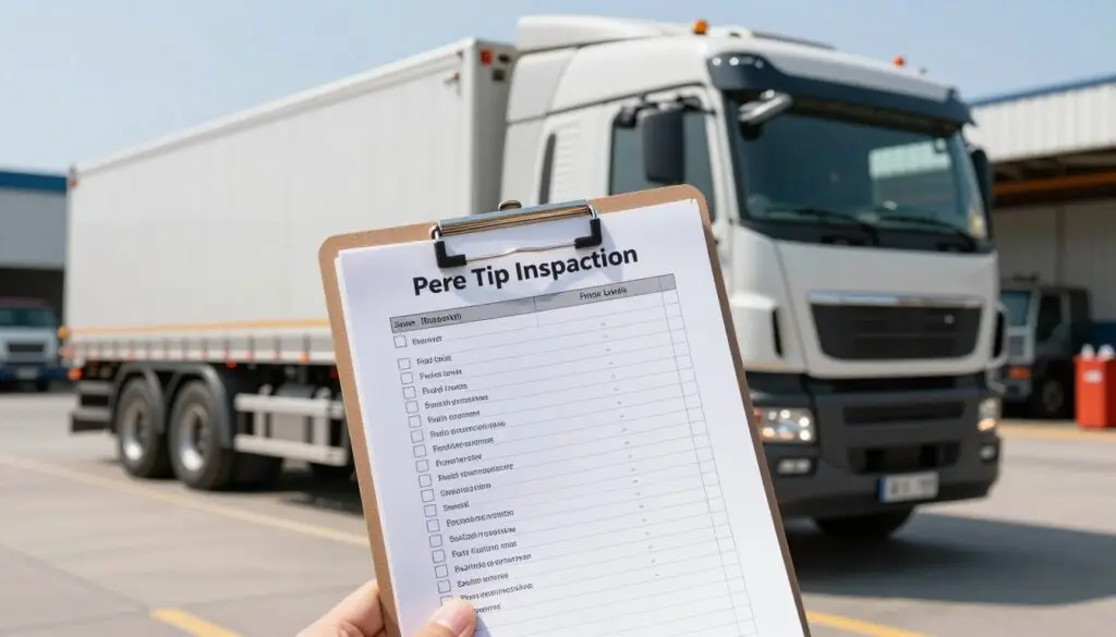 Commercial driver performing pre-trip inspection walk-around on heavy duty truck