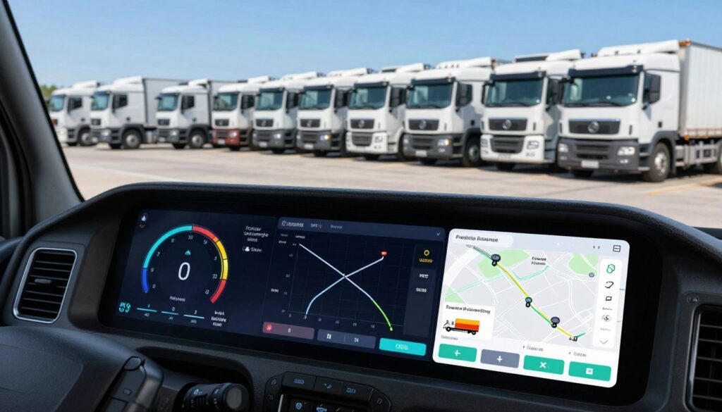 Fleet management software dashboard displaying predictive maintenance alerts and vehicle health metrics
