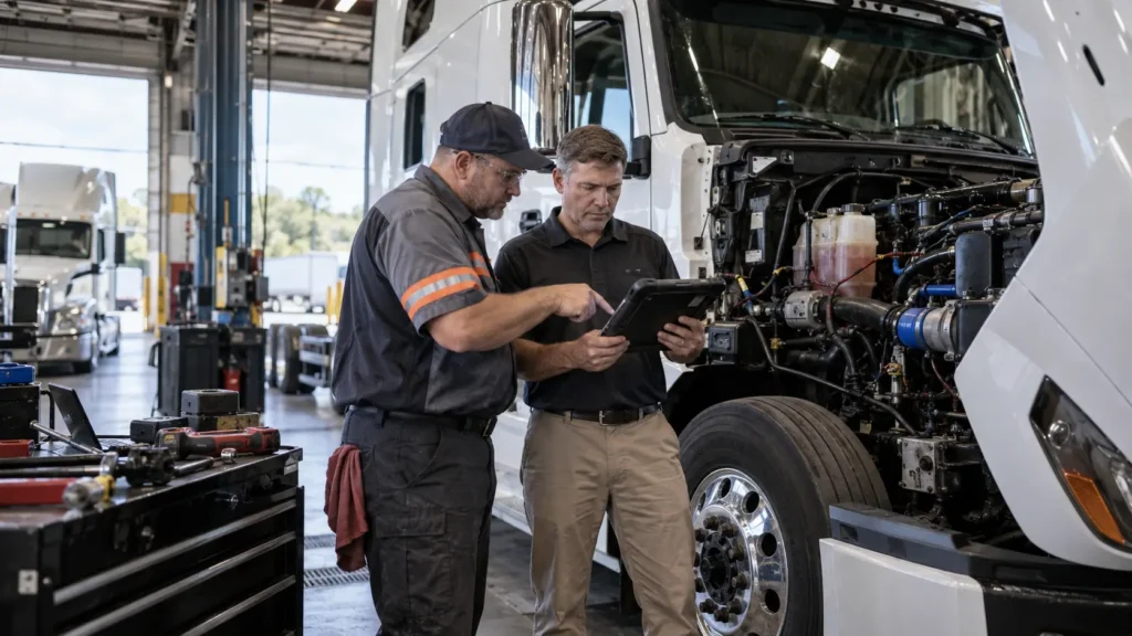 Diesel technician and fleet manager reviewing predictive maintenance diagnostics beside a Class 8 truck in a commercial repair shop.