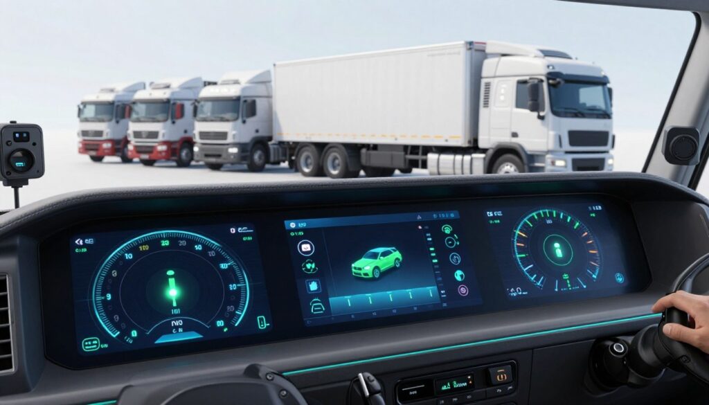 Predictive maintenance platform interface displaying engine diagnostics, component health monitoring, and service scheduling for commercial trucks