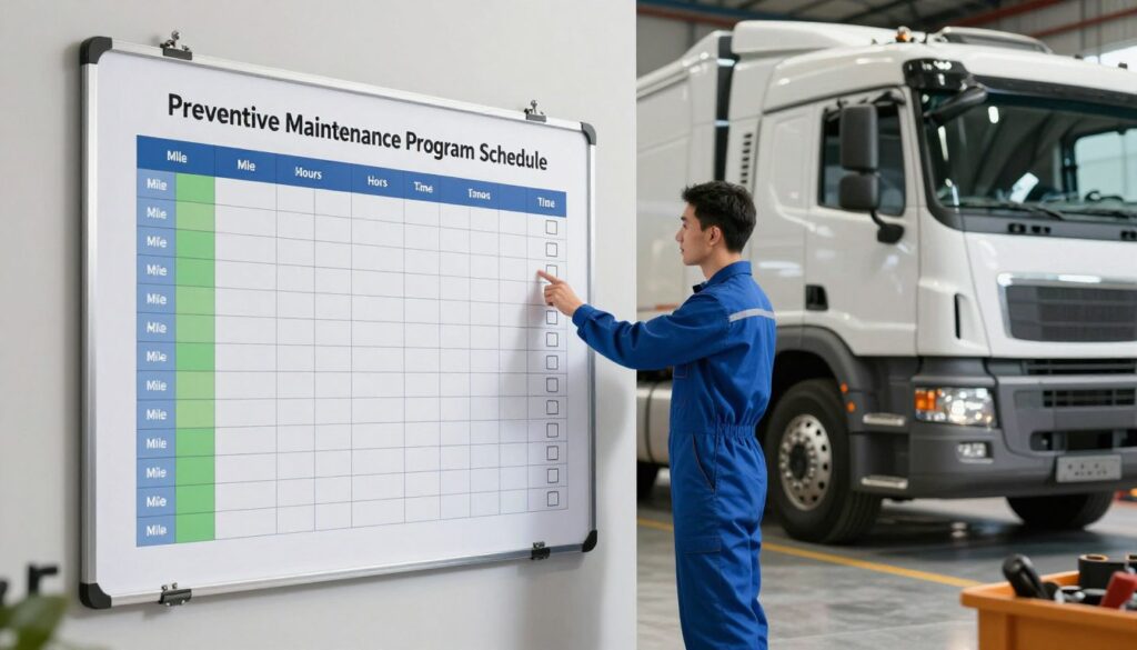 Fleet maintenance schedule board showing preventive maintenance intervals for commercial trucks